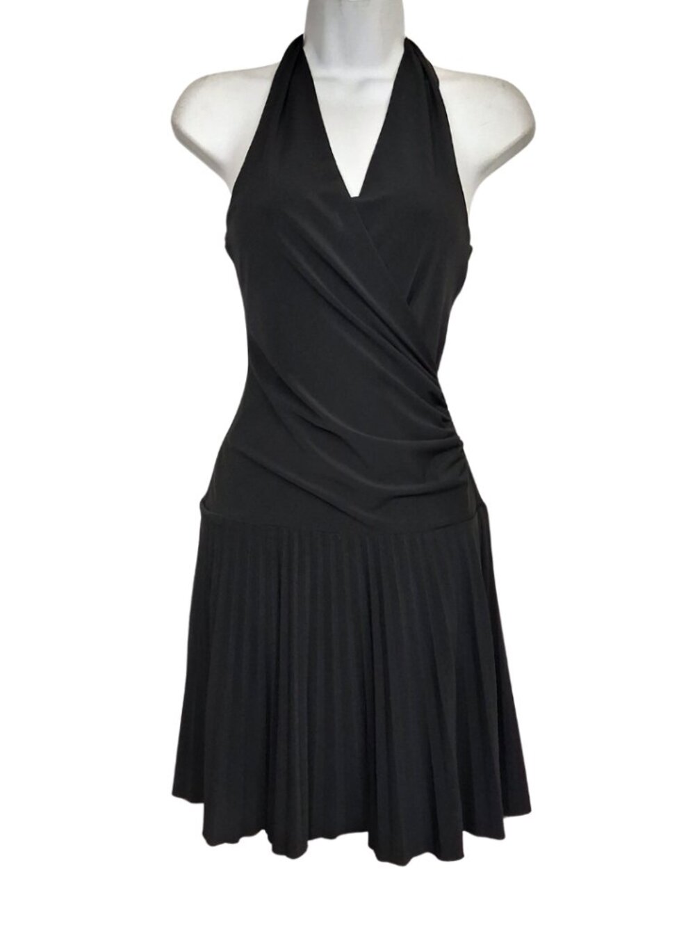 VTG CITY TRIANGLES Black Mini Dress Pleated Halter Stretchy Cocktail Small